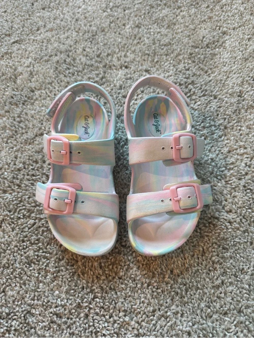 Cat & Jack Double Strap Sandals Pastel Tie-Dye Sandals Pink Buckles Size 9